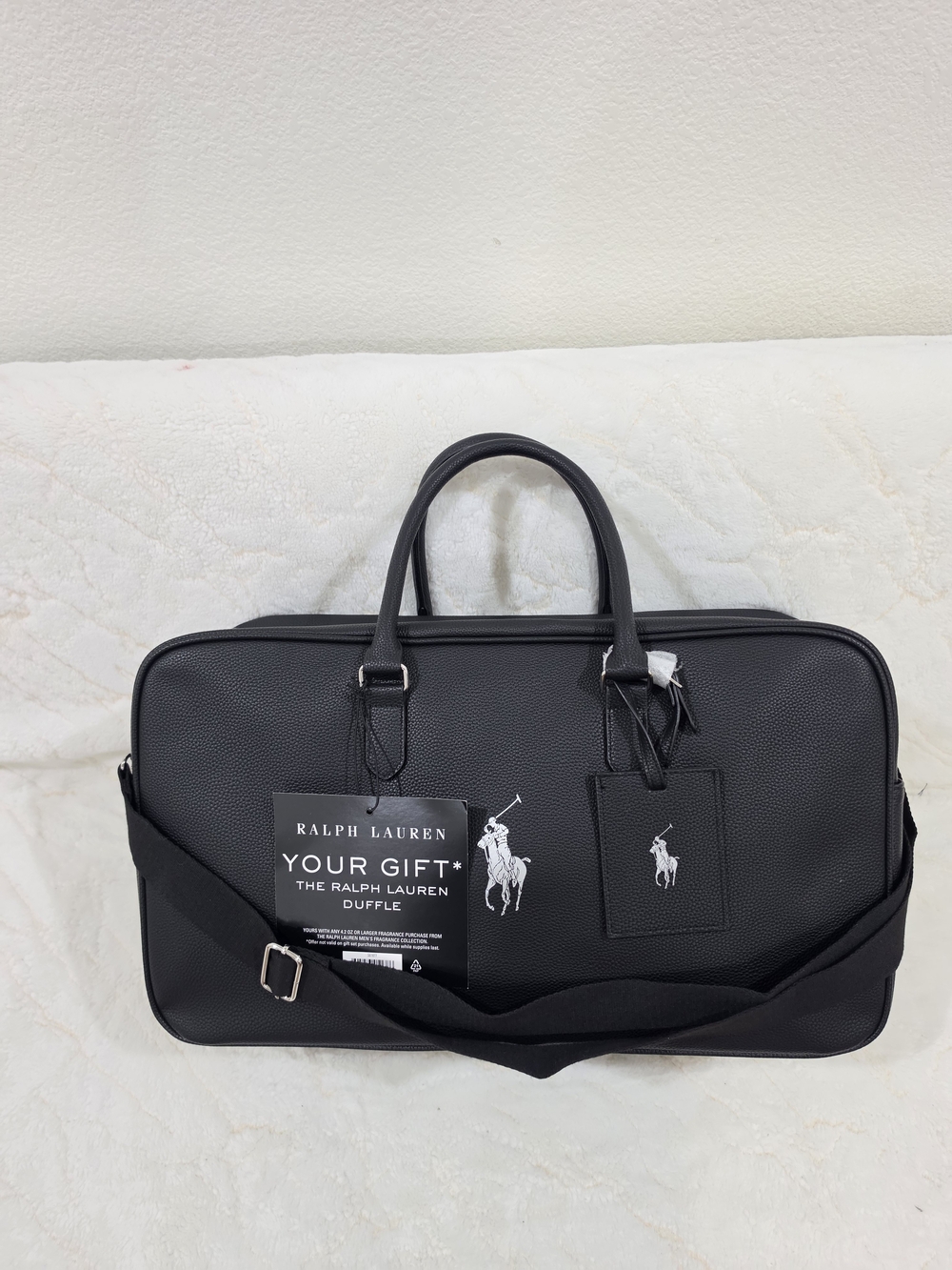 Ralph Lauren Black Pebbled Leather Duffel with Polo Logo